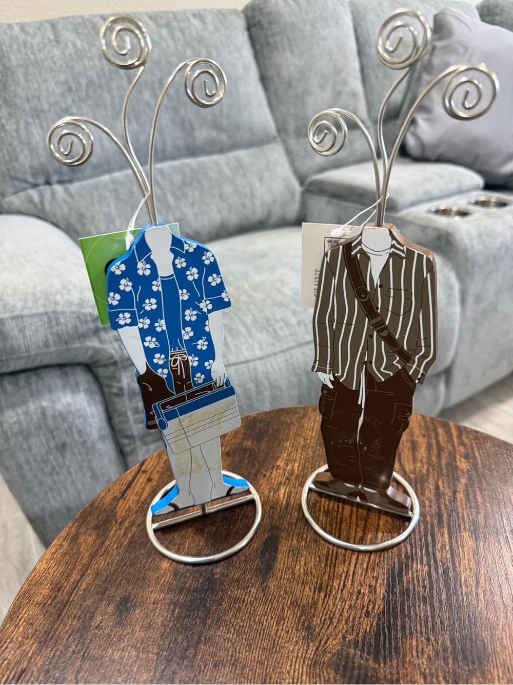 Pair of Novelty Men’s Outfit Photo Holders - Blue Floral & Brown Striped